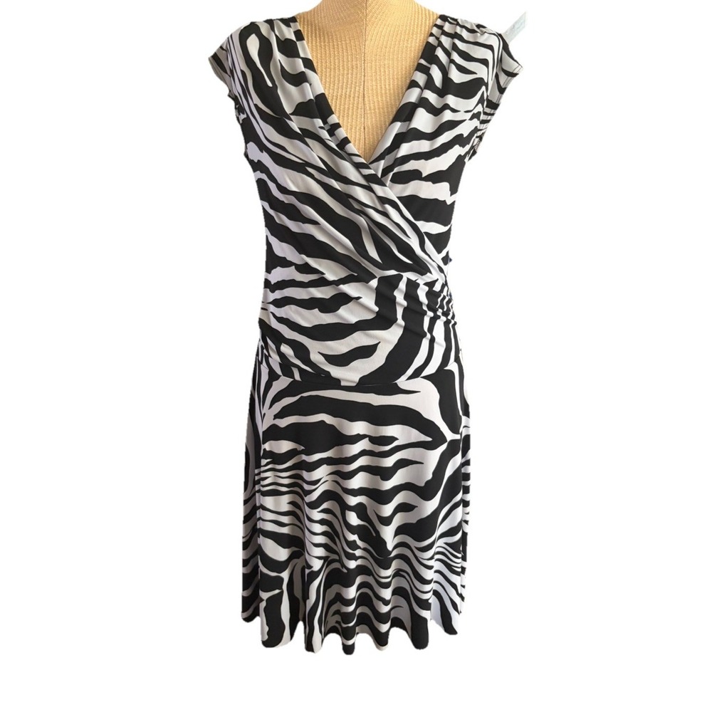 Y2K Soprano Zebra Print Dress Short Sleeve Draped Grunge Edgy Midi USA Made MED